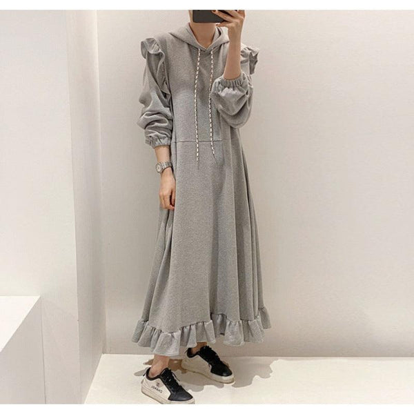 Pullover Dress Thickened Hooded Ruffled Long - Amazitshop