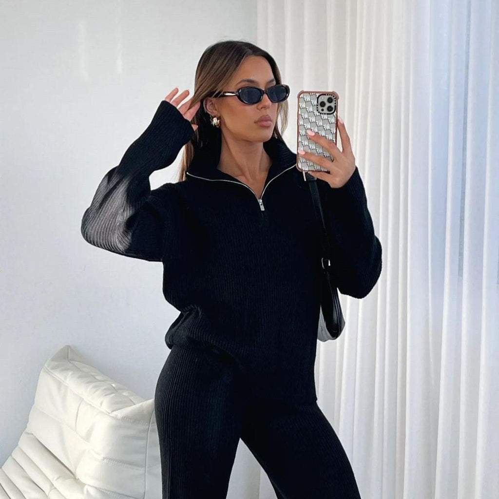 Pure Color Comfort Wool Zipper Long Sleeve Trousers Suit - Amazitshop