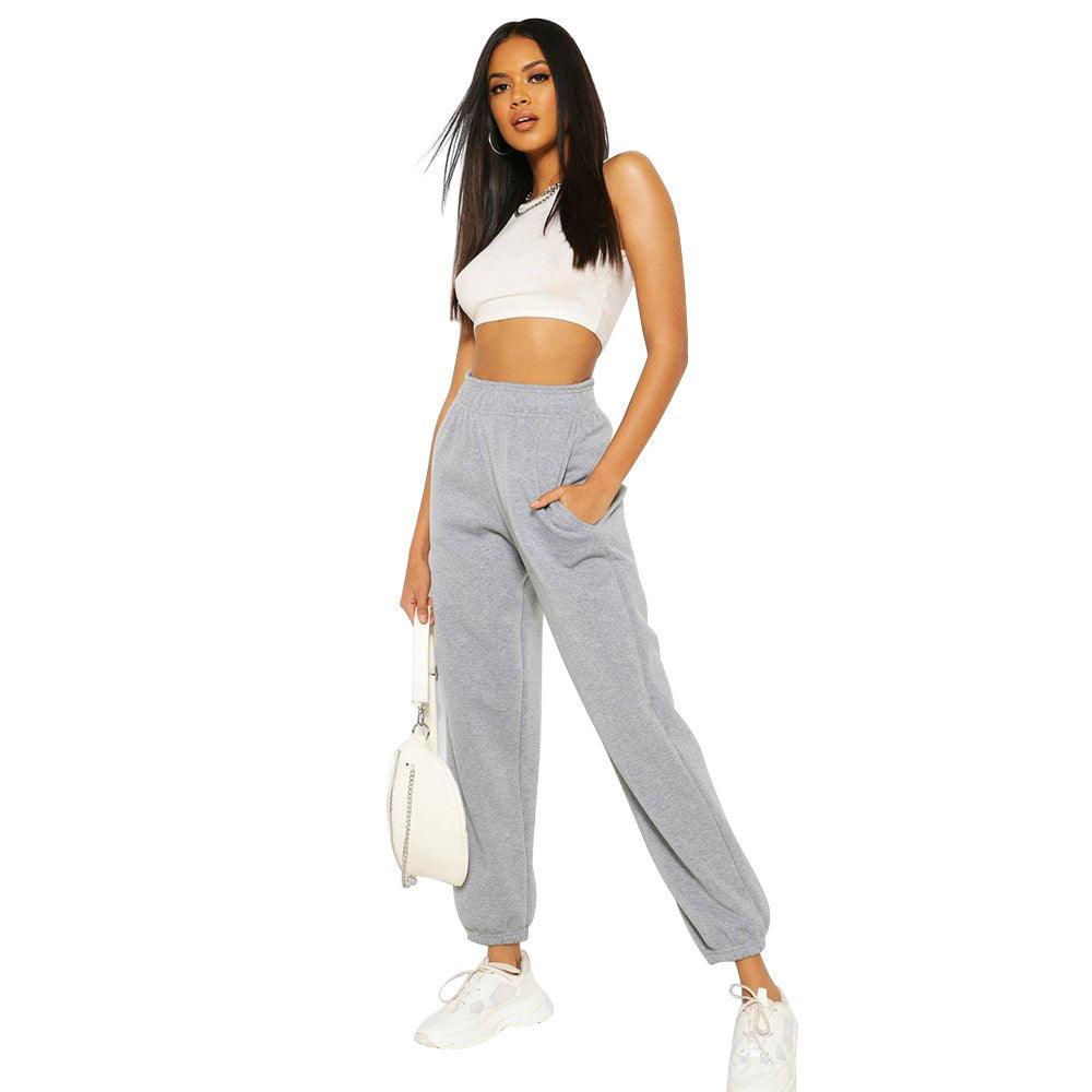 Pure Color High Waist All - match Loose Women's Sports Pants - Amazitshop