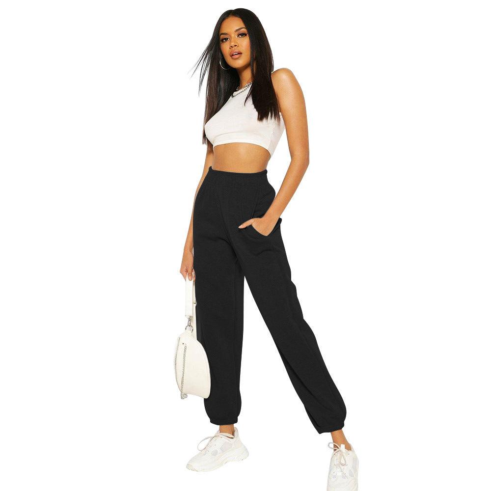 Pure Color High Waist All - match Loose Women's Sports Pants - Amazitshop