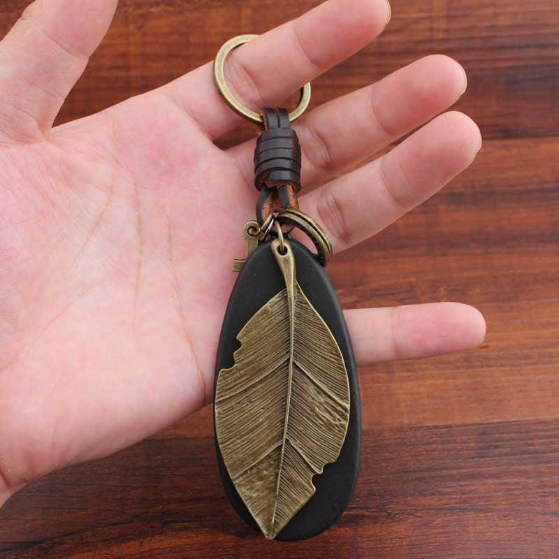 Pure Handmade Cowhide Leaf Keychain Retro Creative - Amazitshop