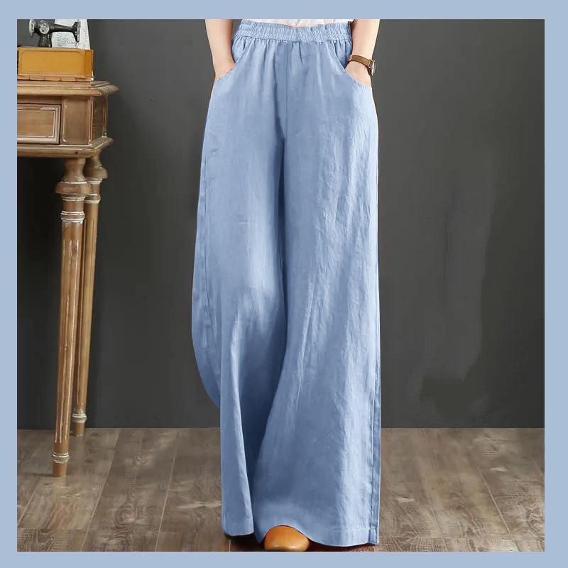 Pure Linen Plus Size Wide Leg Pants Women Drawstring Elastic - Amazitshop