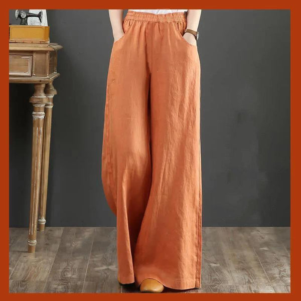 Pure Linen Plus Size Wide Leg Pants Women Drawstring Elastic - Amazitshop