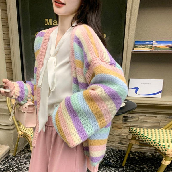 Rainbow Striped Knitted Cardigan For Women Loose Sweater Coat - Amazitshop