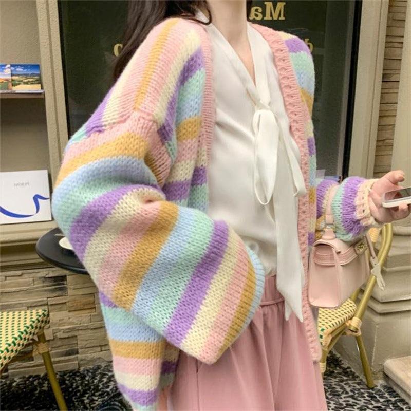Rainbow Striped Knitted Cardigan For Women Loose Sweater Coat - Amazitshop