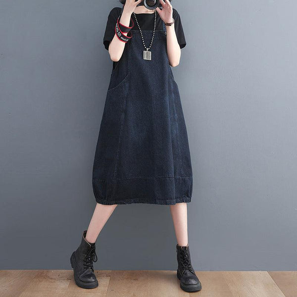 Reduced Age Slim Retro Large Denim Strap Dress Women - Amazitshop