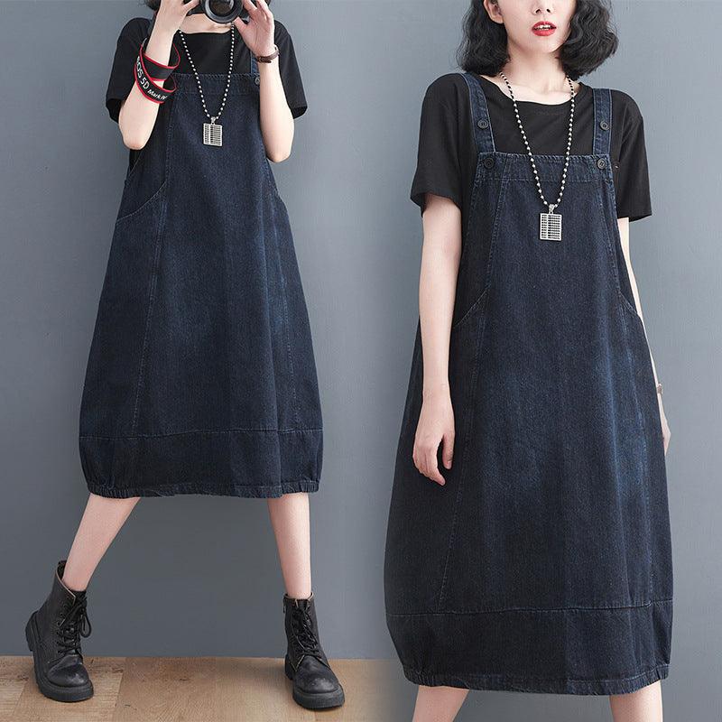 Reduced Age Slim Retro Large Denim Strap Dress Women - Amazitshop