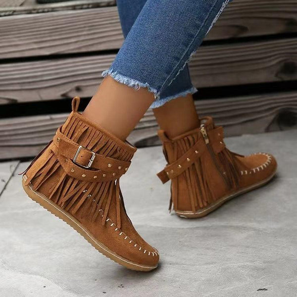 Retro Ankle Boots With Rivet Tassel Flat Shoes Women Winter Boots - Amazitshop