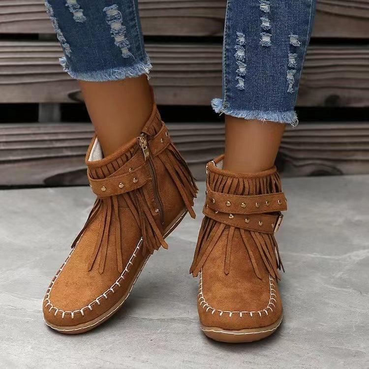 Retro Ankle Boots With Rivet Tassel Flat Shoes Women Winter Boots - Amazitshop