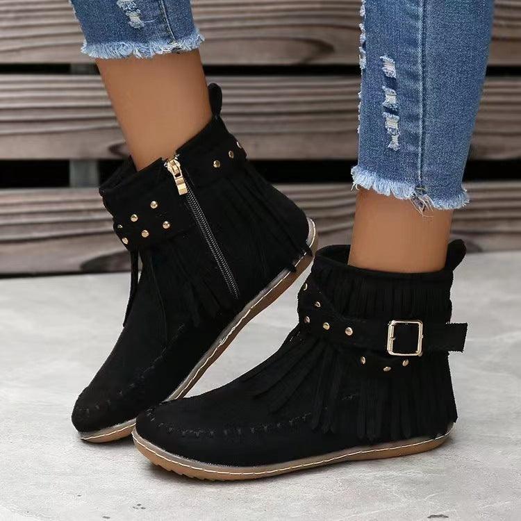 Retro Ankle Boots With Rivet Tassel Flat Shoes Women Winter Boots - Amazitshop