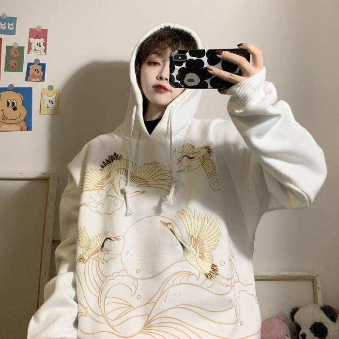 Retro Crane Print Loose Hooded Plus Velvet Sweater Women Plus Size Coat - Amazitshop