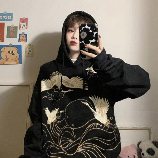 Retro Crane Print Loose Hooded Plus Velvet Sweater Women Plus Size Coat - Amazitshop