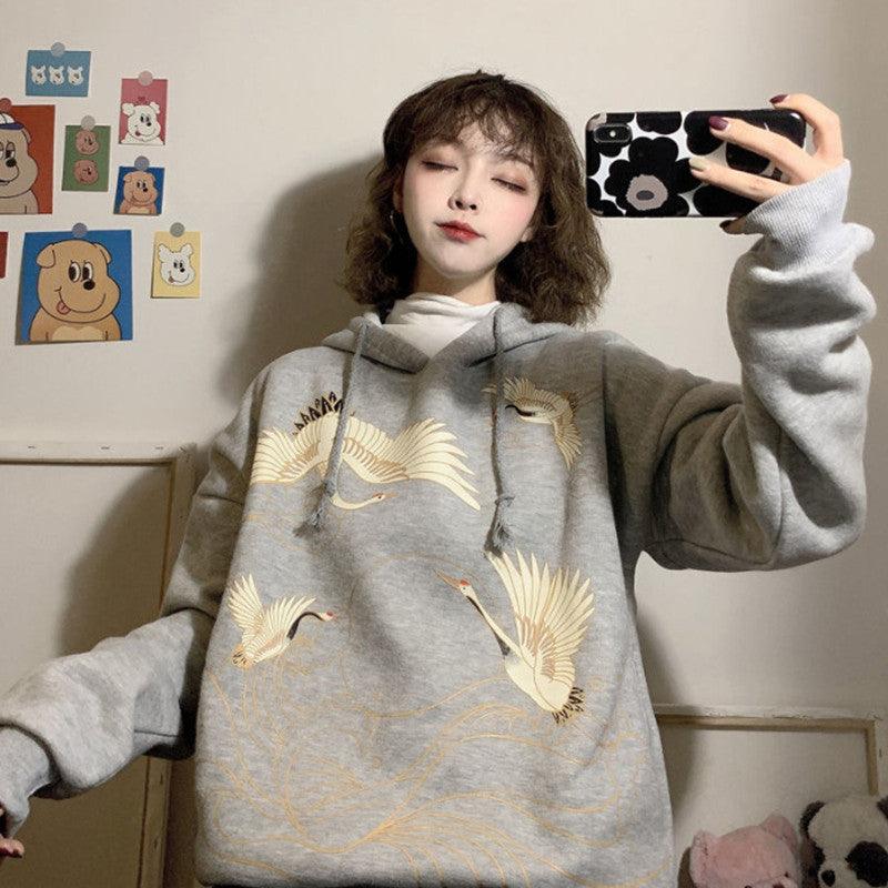 Retro Crane Print Loose Hooded Plus Velvet Sweater Women Plus Size Coat - Amazitshop