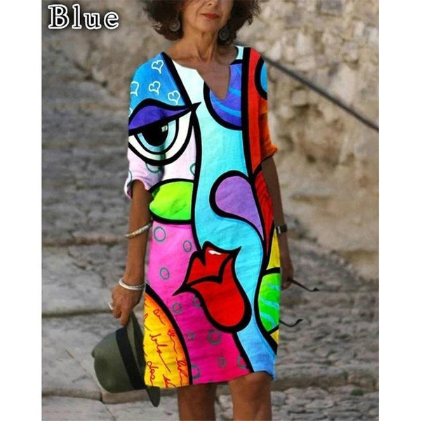 Retro Eye Print Dress V - neck Mid - length Sleeve - Amazitshop