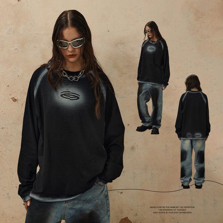 Retro Goth Spray Painting Loose Round Neck Pure Cotton Tops - Amazitshop