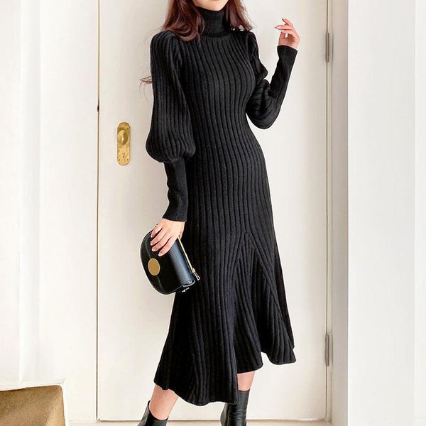 Retro Lantern Sleeve High Neck Slim Wrap Hip Curve Big Mermaid Dress - Amazitshop