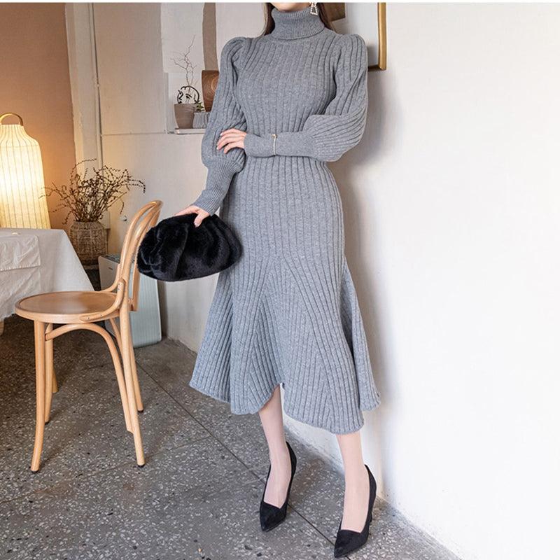 Retro Lantern Sleeve High Neck Slim Wrap Hip Curve Big Mermaid Dress - Amazitshop