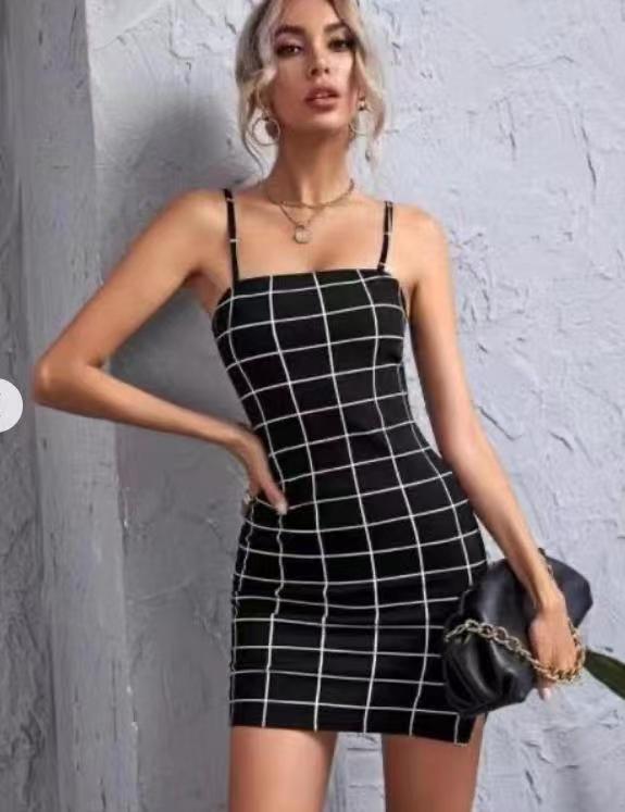 Retro Plaid Sexy Spaghetti Strap Bodycon Mini Dresses Women - Amazitshop