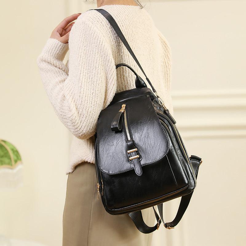 Retro Solid Color Outdoor Casual Mom Bag Soft Leather Large Capacity Backpack - Amazitshop