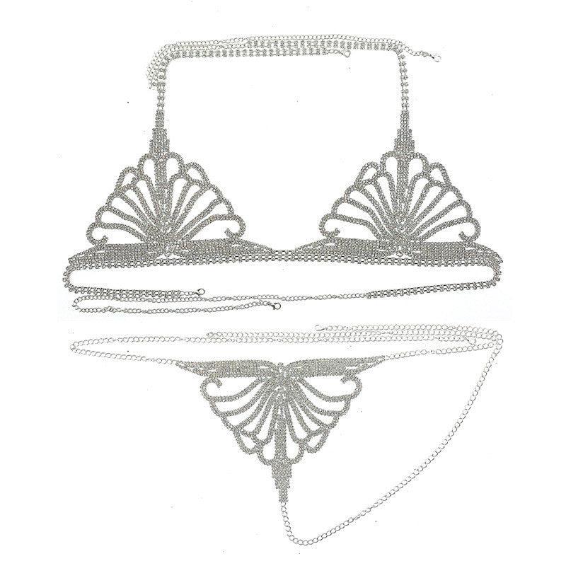 Rhinestone Claw Chain Body Chain Set Sexy Bra Panty Set Lingerie Show - Amazitshop