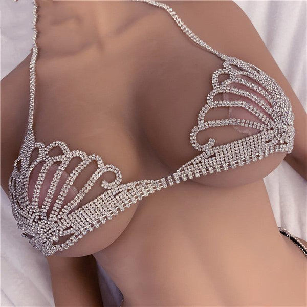 Rhinestone Claw Chain Body Chain Set Sexy Bra Panty Set Lingerie Show - Amazitshop