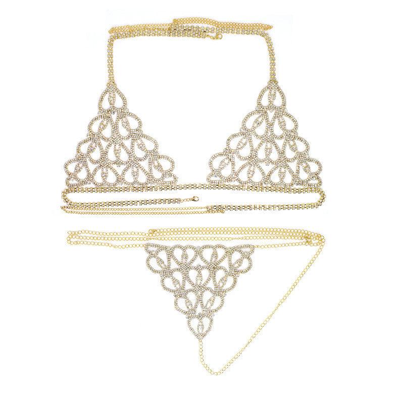 Rhinestone Claw Chain Body Chain Set Sexy Bra Panty Set Lingerie Show - Amazitshop