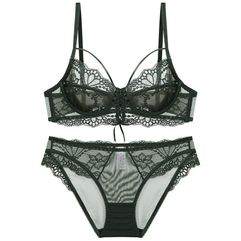 Ribbon Big Chest Show Small Half See - through Bra Set - Amazitshop