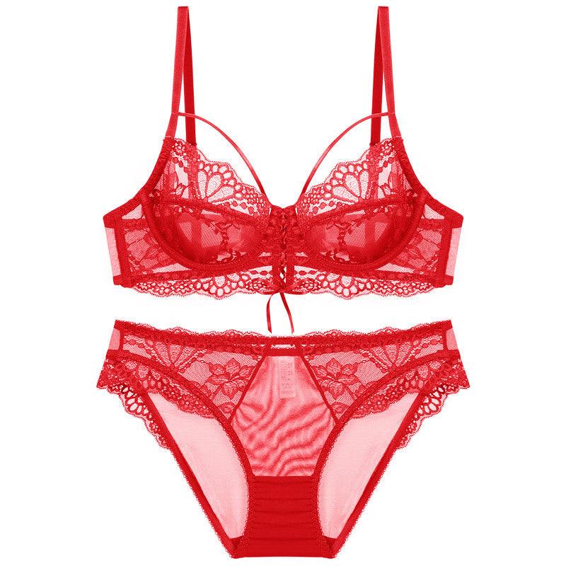 Ribbon Big Chest Show Small Half See - through Bra Set - Amazitshop