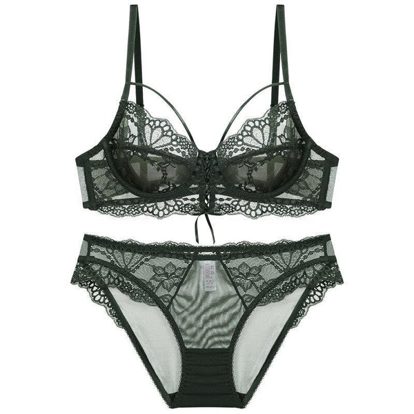 Ribbon Big Chest Show Small Half See - through Bra Set - Amazitshop