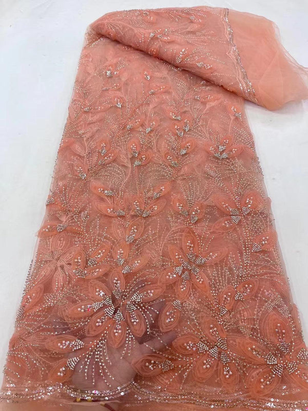 Ribbon Flower Beaded Tulle Lace Fabric Cocktail Party Occasion Evening Dress Embroidered Cloth Lace - Amazitshop