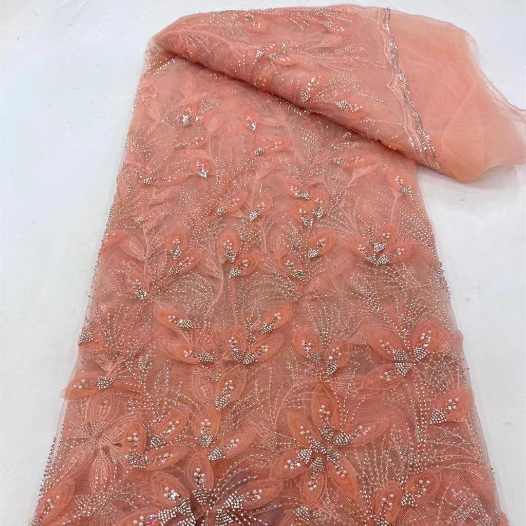 Ribbon Flower Beaded Tulle Lace Fabric Cocktail Party Occasion Evening Dress Embroidered Cloth Lace - Amazitshop