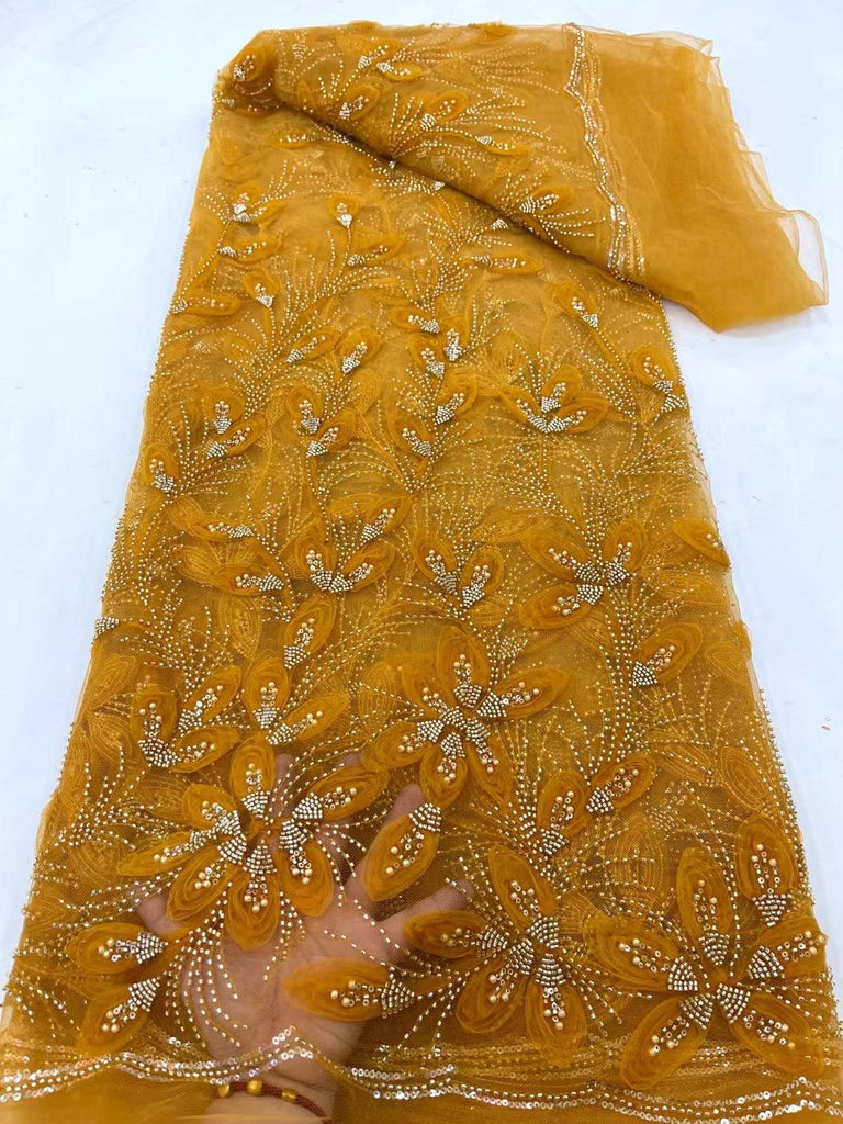 Ribbon Flower Beaded Tulle Lace Fabric Cocktail Party Occasion Evening Dress Embroidered Cloth Lace - Amazitshop