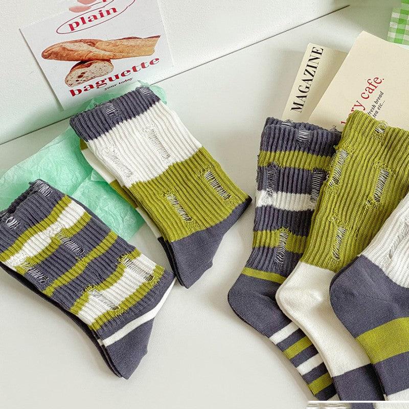 Ripped Beggar Socks Women Striped Bunching Socks - Amazitshop