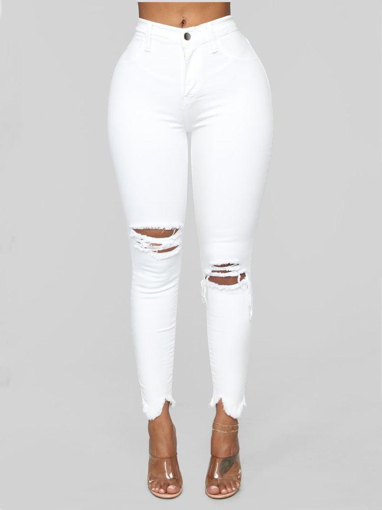 ripped solid denim long pants - Amazitshop