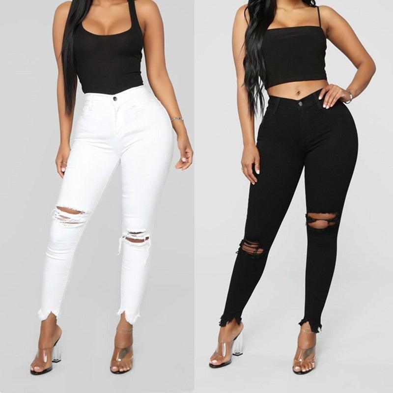 ripped solid denim long pants - Amazitshop