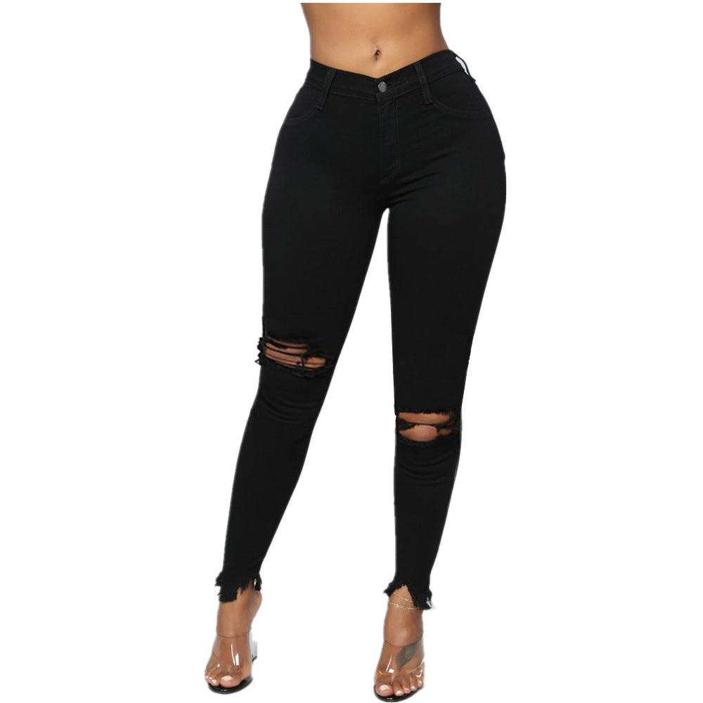 ripped solid denim long pants - Amazitshop