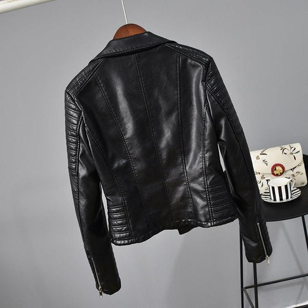 Rivet Suit Collar Women Washed PU Leather Jacket - Amazitshop