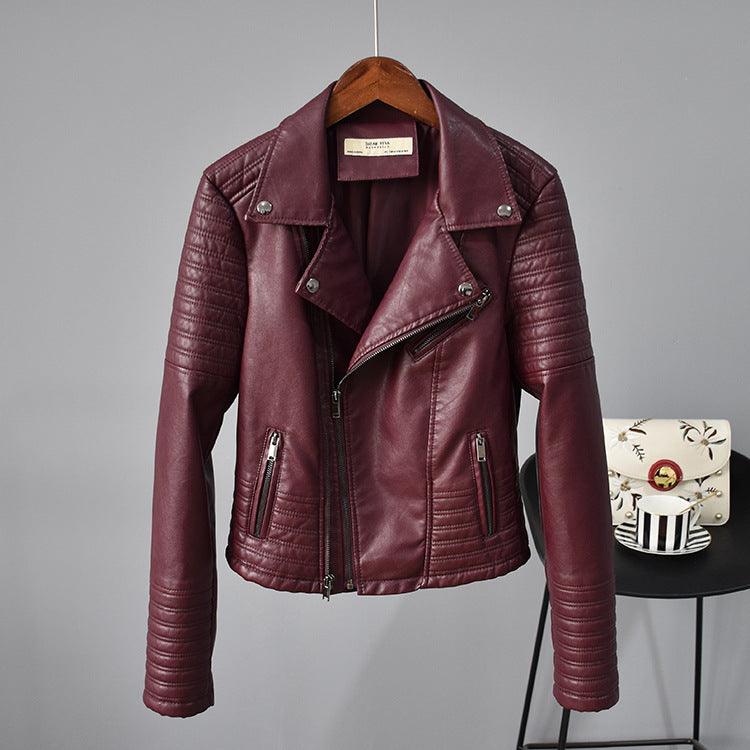 Rivet Suit Collar Women Washed PU Leather Jacket - Amazitshop