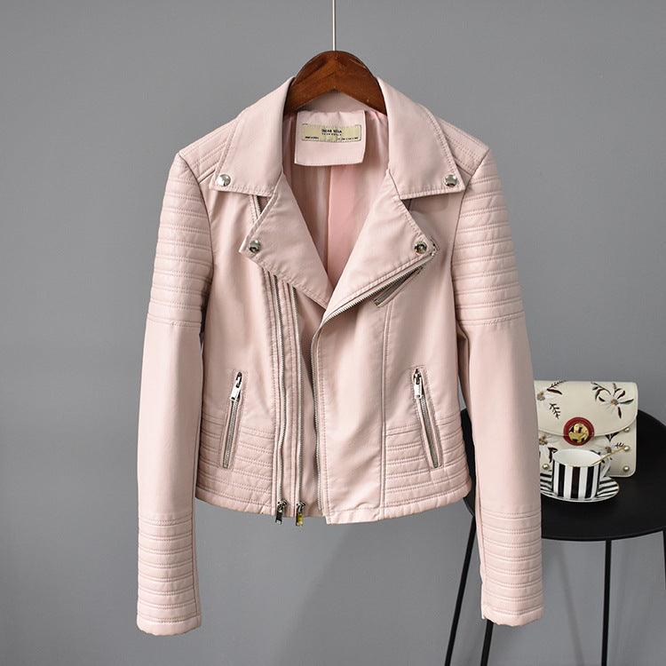 Rivet Suit Collar Women Washed PU Leather Jacket - Amazitshop