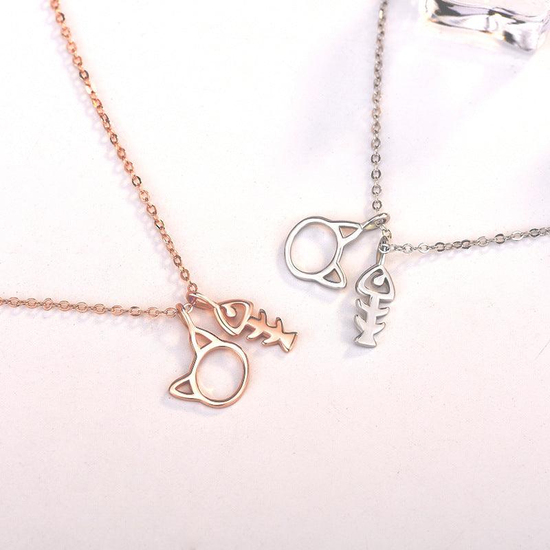 Rose Gold Plated Animal Kids Jewelry 925 Sterling Silver Cute Cat And Fish Bone Necklace - Amazitshop