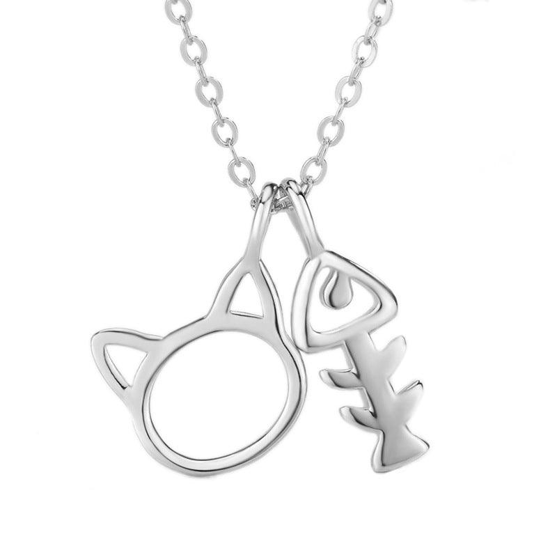 Rose Gold Plated Animal Kids Jewelry 925 Sterling Silver Cute Cat And Fish Bone Necklace - Amazitshop