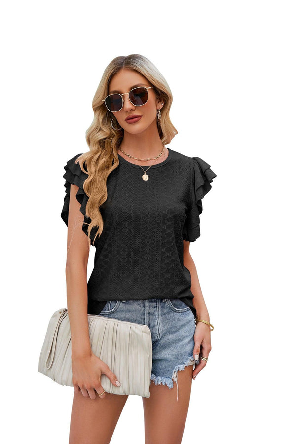 Round Neck Double Layer Ruffle Sleeve Hollow Short Sleeve - Amazitshop