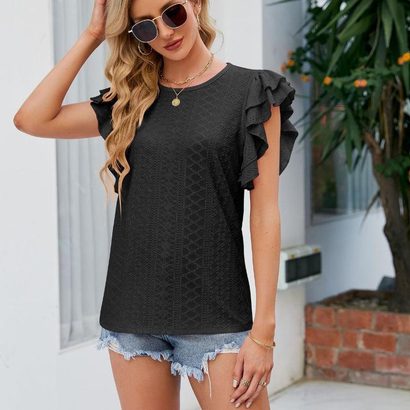 Round Neck Double Layer Ruffle Sleeve Hollow Short Sleeve - Amazitshop