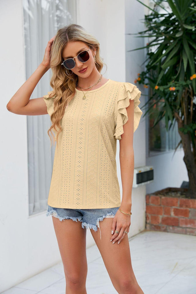 Round Neck Double Layer Ruffle Sleeve Hollow Short Sleeve - Amazitshop