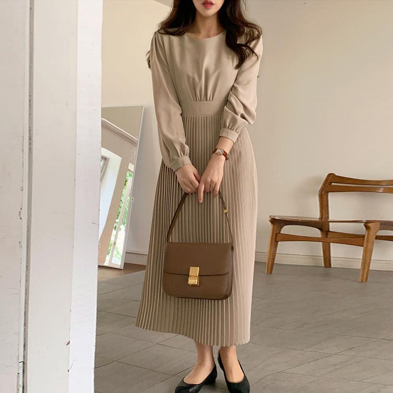 Round Neck French Elegance Pleated Dress - Amazitshop