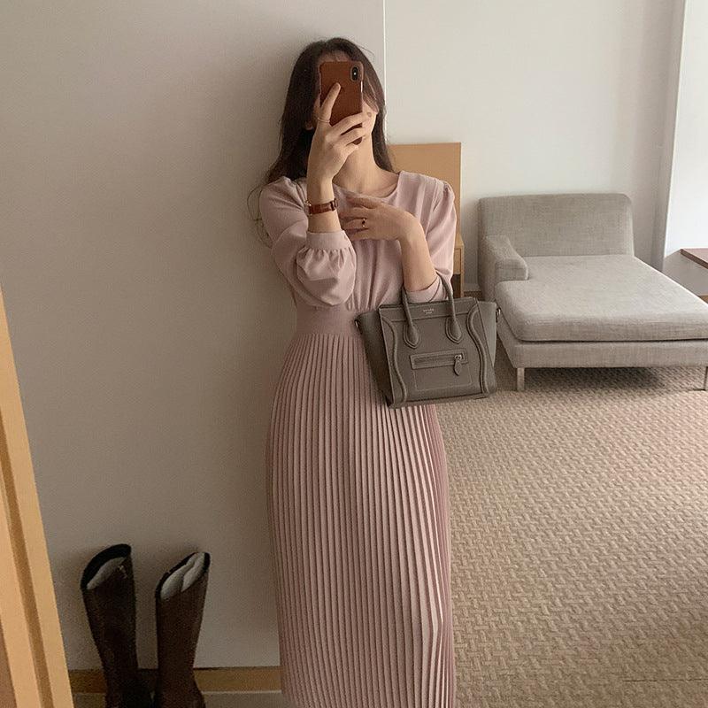 Round Neck French Elegance Pleated Dress - Amazitshop