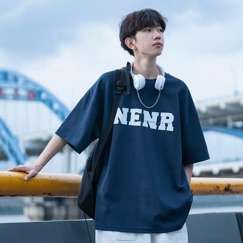 Round Neck Short Sleeve T-shirt Men's Trendy Loose Japanese Style Letter Half Sleeve Summer Casual Versatile - Amazitshop