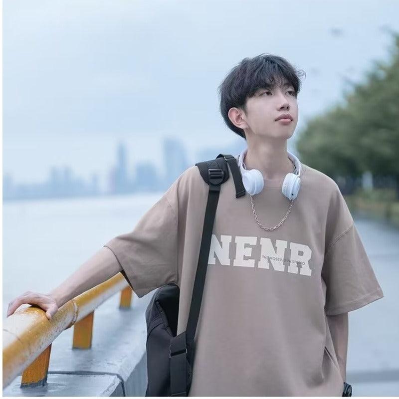 Round Neck Short Sleeve T-shirt Men's Trendy Loose Japanese Style Letter Half Sleeve Summer Casual Versatile - Amazitshop