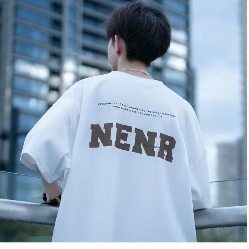 Round Neck Short Sleeve T-shirt Men's Trendy Loose Japanese Style Letter Half Sleeve Summer Casual Versatile - Amazitshop