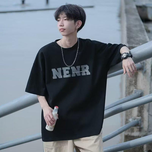 Round Neck Short Sleeve T-shirt Men's Trendy Loose Japanese Style Letter Half Sleeve Summer Casual Versatile - Amazitshop